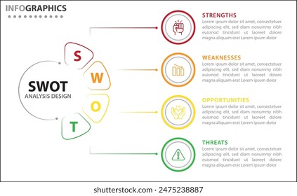 Infografía de análisis FODA. Ilustración vectorial para la planificación estratégica de negocios. Gráfico comparativo. Ventajas y desventajas de la empresa. Plantilla de diseño infográfico. Ilustración vectorial. Análisis DAFO