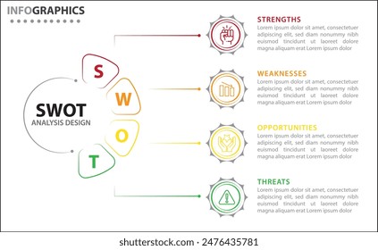 Infografía de análisis FODA. Ilustración vectorial para la planificación estratégica de negocios. Gráfico comparativo. Ventajas y desventajas de la empresa. Plantilla de diseño infográfico. Ilustración vectorial. Análisis DAFO