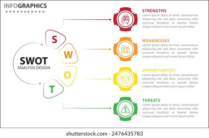 Infografía de análisis FODA. Ilustración vectorial para la planificación estratégica de negocios. Gráfico comparativo. Ventajas y desventajas de la empresa. Plantilla de diseño infográfico. Ilustración vectorial. Análisis DAFO