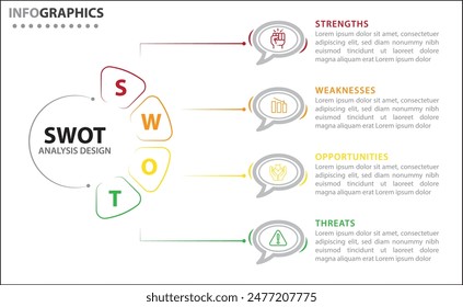 Infografía de análisis FODA. Ilustración vectorial para la planificación estratégica de negocios. Gráfico comparativo. Ventajas y desventajas de la empresa. Plantilla de diseño infográfico. Ilustración vectorial. Análisis DAFO