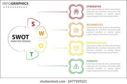 Infografía de análisis FODA. Ilustración vectorial para la planificación estratégica de negocios. Gráfico comparativo. Ventajas y desventajas de la empresa. Plantilla de diseño infográfico. Ilustración vectorial. Análisis DAFO