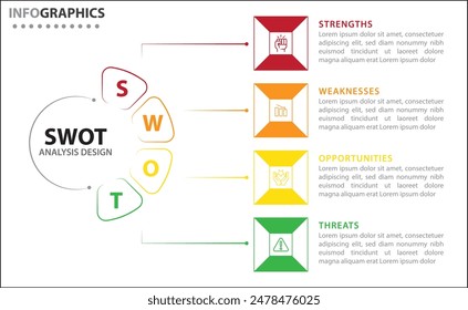Infografía de análisis FODA. Ilustración vectorial para la planificación estratégica de negocios. Gráfico comparativo. Ventajas y desventajas de la empresa. Plantilla de diseño infográfico. Ilustración vectorial. Análisis DAFO