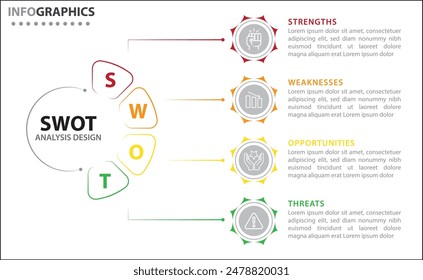 Infografía de análisis FODA. Ilustración vectorial para la planificación estratégica de negocios. Gráfico comparativo. Ventajas y desventajas de la empresa. Plantilla de diseño infográfico. Ilustración vectorial. Análisis DAFO