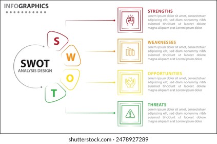 Infografía de análisis FODA. Ilustración vectorial para la planificación estratégica de negocios. Gráfico comparativo. Ventajas y desventajas de la empresa. Plantilla de diseño infográfico. Ilustración vectorial. Análisis DAFO