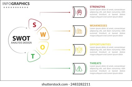 Infografía de análisis FODA. Ilustración vectorial para la planificación estratégica de negocios. Gráfico comparativo. Ventajas y desventajas de la empresa. Plantilla de diseño infográfico. Ilustración vectorial.