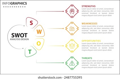 Infografía de análisis FODA. Ilustración vectorial para la planificación estratégica de negocios. Gráfico comparativo. Ventajas y desventajas de la empresa. Plantilla de diseño infográfico. Ilustración vectorial.