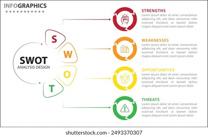 In: SWOT Analysis Infographic. Vektorillustration für strategische Geschäftsplanung. Vergleichstabelle. Vor- und Nachteile des Unternehmens. In: Infographic Design Vorlage. Vektorillustration. SWOT-Schritte