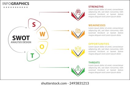 In: SWOT Analysis Infographic. Vektorillustration für strategische Geschäftsplanung. Vergleichstabelle. Vor- und Nachteile des Unternehmens. In: Infographic Design Vorlage. Vektorillustration. SWOT-Schritte