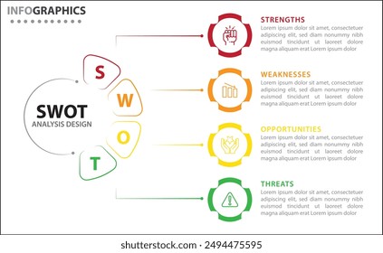 Infografía de análisis FODA. Ilustración vectorial para la planificación estratégica de negocios. Gráfico comparativo. Ventajas y desventajas de la empresa. Plantilla de diseño infográfico. Ilustración vectorial. Pasos DAFO
