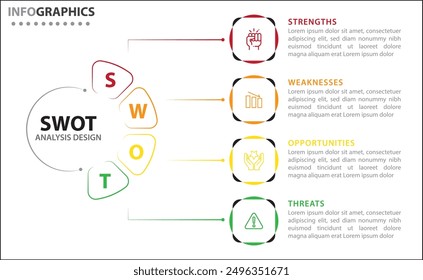 SWOT analysis infographic. Vector illustration for strategic business planning. Comparison chart. Advantages and Disadvantages of company. Infographic design template. Vector illustration. SWOT Steps