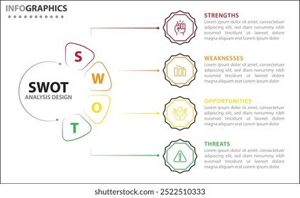 Infográfico de análise SWOT. Ilustração vetorial para planejamento estratégico de negócios. Gráfico de comparação. Vantagens e desvantagens da empresa. Modelo de design infográfico. Ilustração vetorial. Análise SWOT
