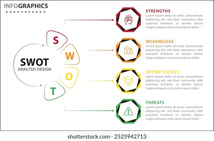 SWOT-Analyse-Infografik. Vektorgrafik für strategische Geschäftsplanung. Vergleichsdiagramm. Vorteile und Nachteile des Unternehmens. Vorlage für Infografik-Design. Vektorgrafik. SWOT-Analyse