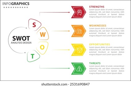 SWOT-Analyse-Infografik. Vektorgrafik für strategische Geschäftsplanung. Vergleichsdiagramm. Vorteile und Nachteile des Unternehmens. Vorlage für Infografik-Design. Vektorgrafik. SWOT-Analyse