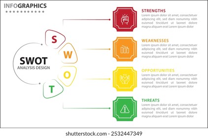 SWOT-Analyse-Infografik. Vektorgrafik für strategische Geschäftsplanung. Vergleichsdiagramm. Vorteile und Nachteile des Unternehmens. Vorlage für Infografik-Design. Vektorgrafik. SWOT-Analyse