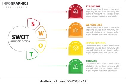 Infográfico de análise SWOT. Ilustração vetorial para planejamento estratégico de negócios. Gráfico de comparação. Vantagens e desvantagens da empresa. Modelo de design infográfico. Ilustração vetorial.