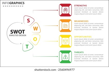 SWOT analysis infographic. Vector illustration for strategic business planning. Comparison chart. Advantages and Disadvantages of company. Infographic design template. Vector illustration.4 steps