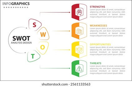 SWOT analysis infographic. Vector illustration for strategic business planning. Comparison chart. Advantages and Disadvantages of company. Infographic design template. Vector illustration.4 steps