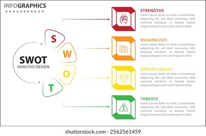 SWOT analysis infographic. Vector illustration for strategic business planning. Comparison chart. Advantages and Disadvantages of company. Infographic design template. Vector illustration.4 steps