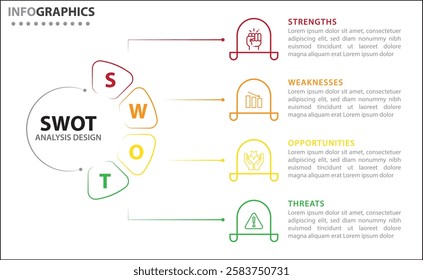 SWOT analysis infographic. Vector illustration for strategic business planning. Comparison chart. Advantages and Disadvantages of company. Infographic design template. Vector illustration. Four steps.