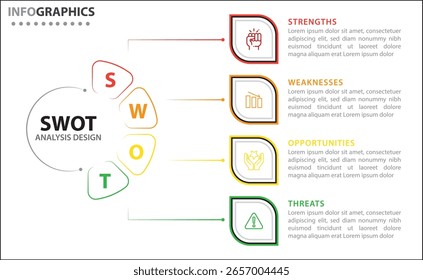 Infográfico de análise SWOT. Ilustração vetorial para planejamento estratégico de negócios. Gráfico de comparação. Vantagens e desvantagens da empresa. Modelo de design infográfico. Ilustração vetorial. Gráfico SWOT