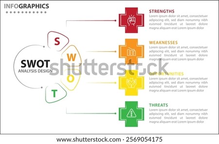 SWOT analysis infographic. Vector illustration for strategic business planning. Comparison chart. Advantages and Disadvantages of company. Infographic design template. Vector illustration. Four steps 