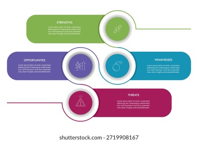 Diagrama de infografías de análisis FODA con cuatro pasos u opciones. Ventajas y desventajas comerciales. Plantilla de presentación colorida para la planificación, gestión y evaluación del proyecto.