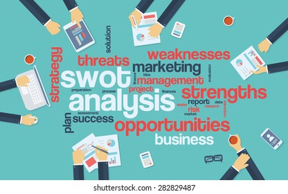 SWOT analysis infographics poster with businessmen working around the word cloud. Analysis and planning keywords. Office objects. Eps10 vector illustration.