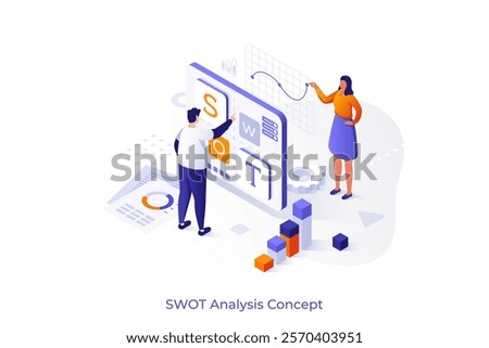 SWOT analysis isometric vector conceptual. Group of colleagues makes SWOT analysis of organization, IT company, strategy development process, project management abstract metaphor.
