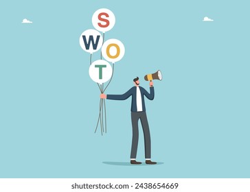 SWOT-Analyse, Führung bei der Festlegung und Erreichung von SMART-Zielen, SWOT-Analyse zur Identifizierung einer Liste von Geschäftsmöglichkeiten, Business-Analyse-Tools, Mann mit SWOT-Bällen spricht in einen Lautsprecher.