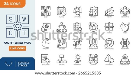 SWOT analysis line editable icon set. SWOT meaning strengths, weaknesses, opportunities, and threats. Containing advantage, disadvantage, identify, strategy, project, and more. Vector illustration. 