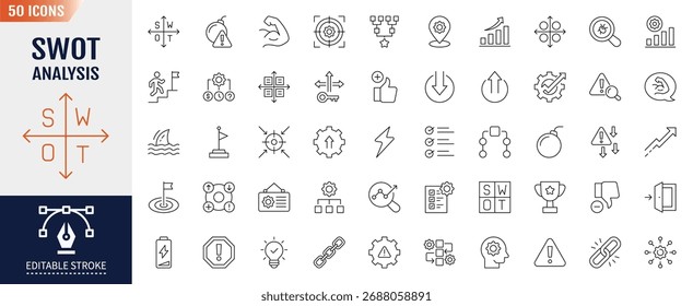 Conjunto de iconos editables de la línea de análisis SWOT.  Contiene íconos como fortalezas, debilidades, oportunidades e hilos. Ilustración vectorial