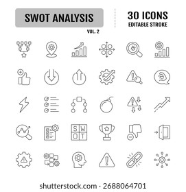 Conjunto de iconos editables de la línea de análisis SWOT.  Contiene íconos como fortalezas, debilidades, oportunidades e hilos. Ilustración vectorial