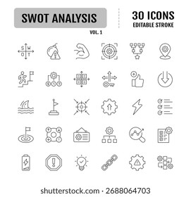 SWOT Analysis Line Editierbare Symbole.  Symbole als Stärken, Schwächen, Chancen und Themen. Vektorgrafik