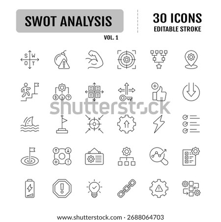 SWOT Analysis Line Editable Icons set.  Containing icons as strengths, weakness, opportunities, and threads. Vector illustration