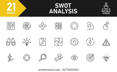 SWOT Analysis line icon set. Set of 21 outline icons related to Strengths, Weakness, Opportunities, Threat and others. Editable stroke. Vector illustration.