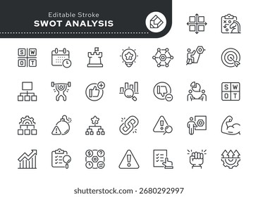Conjunto de iconos de línea de análisis DAFO. Fortalezas y debilidades, desventajas y ventajas, planificación, estrategia, oportunidades, amenazas y más. Icono de contorno en estilo lineal. colección de Vector.
