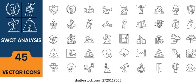 Conjunto de iconos de línea de análisis DAFO. Iconos editables de fortaleza, debilidad, oportunidad, ventaja, desafío, competencia y más. Ilustración vectorial.