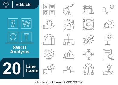 Das SWOT-Analysesymbol zeigt Stärken, Schwächen, Chancen, Bedrohungen, Strategieplanung, Bewertung, Risiken und Unternehmensentscheidungskonzepte im klaren Vektorstil.