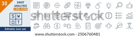 SWOT Analysis line icon set. Set of 30 outline icons related to strengths, weakness, opportunities, and threads. Linear icon collection. SWOT Analysis outline icons collection. Editable stroke.