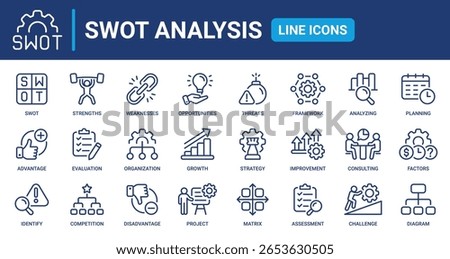 SWOT analysis line icon set. Meaning strengths, weaknesses, opportunities, and threats. Containing advantage, disadvantage, strategy, consulting, identify, project. Outline icons vector collection.