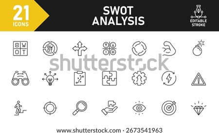 SWOT Analysis line icon set. Set of 21 outline icons related to Strengths, Weakness, Opportunities, Threat and others. Editable stroke. Vector illustration.