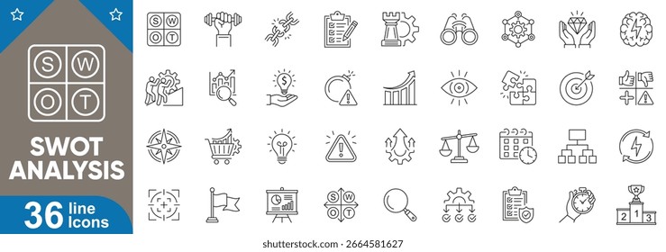 Conjunto de iconos de línea de análisis DAFO. Esboza símbolos para fortalezas, debilidades, oportunidades, amenazas, estrategia de negocios, planificación, toma de decisiones y más. colección de Ilustración vectorial.
