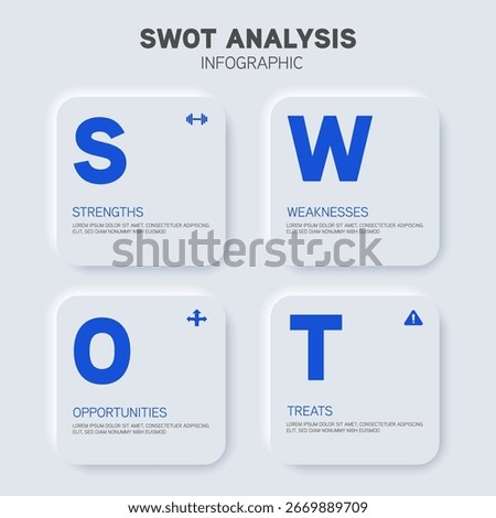 SWOT analysis modern neumorphism infographic template design. Four squares for strength, weakness, opportunity, and threat, vector illustration