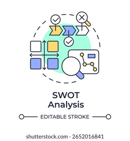SWOT analysis multi color concept icon. Strengths, weaknesses, opportunities and threats. Gap evaluation tool. Round shape line illustration. Abstract idea. Graphic design. Easy to use in blog post
