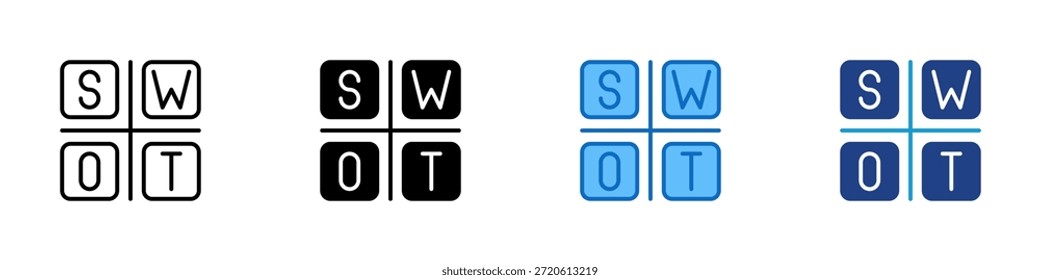 VECTOR de diseño de íconos de estilo múltiple: diseño SWOT cuadrado que muestra fortalezas, debilidades, oportunidades y amenazas para la evaluación estratégica