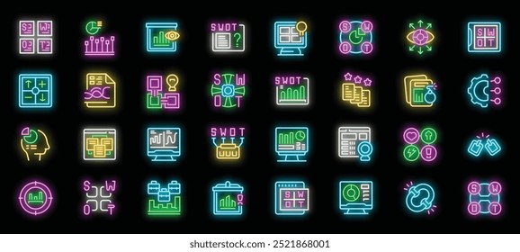 Los iconos de neón de análisis de Swot establecen el Vector. Planeación de negocios e investigación de mercado, oportunidades y amenazas, debilidad y fuerza ilustraciones
