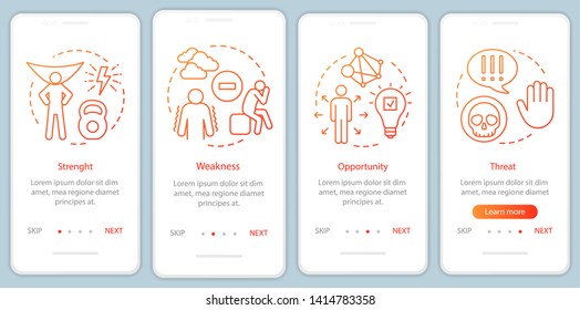 SWOT analysis orange gradient onboarding mobile app page screen vector template. Strength, weakness, threat walkthrough website step with linear illustrations. UX, UI, GUI smartphone interface concept