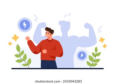 SWOT analysis, planning business strategy with identification of company strengths. Shadow of tiny man showing strong muscles and superhero ability in confident pose cartoon vector illustration