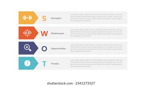 swot analysis strategic planning management infographics template diagram with rectangle and arrow badge 4 point step creative design for slide presentation