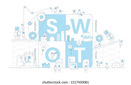 SWOT Analysis. Strategic planning technique used to help identify strengths and opportunities, weaknesses, and threats related to business competition or project planning. Outline infographic vector